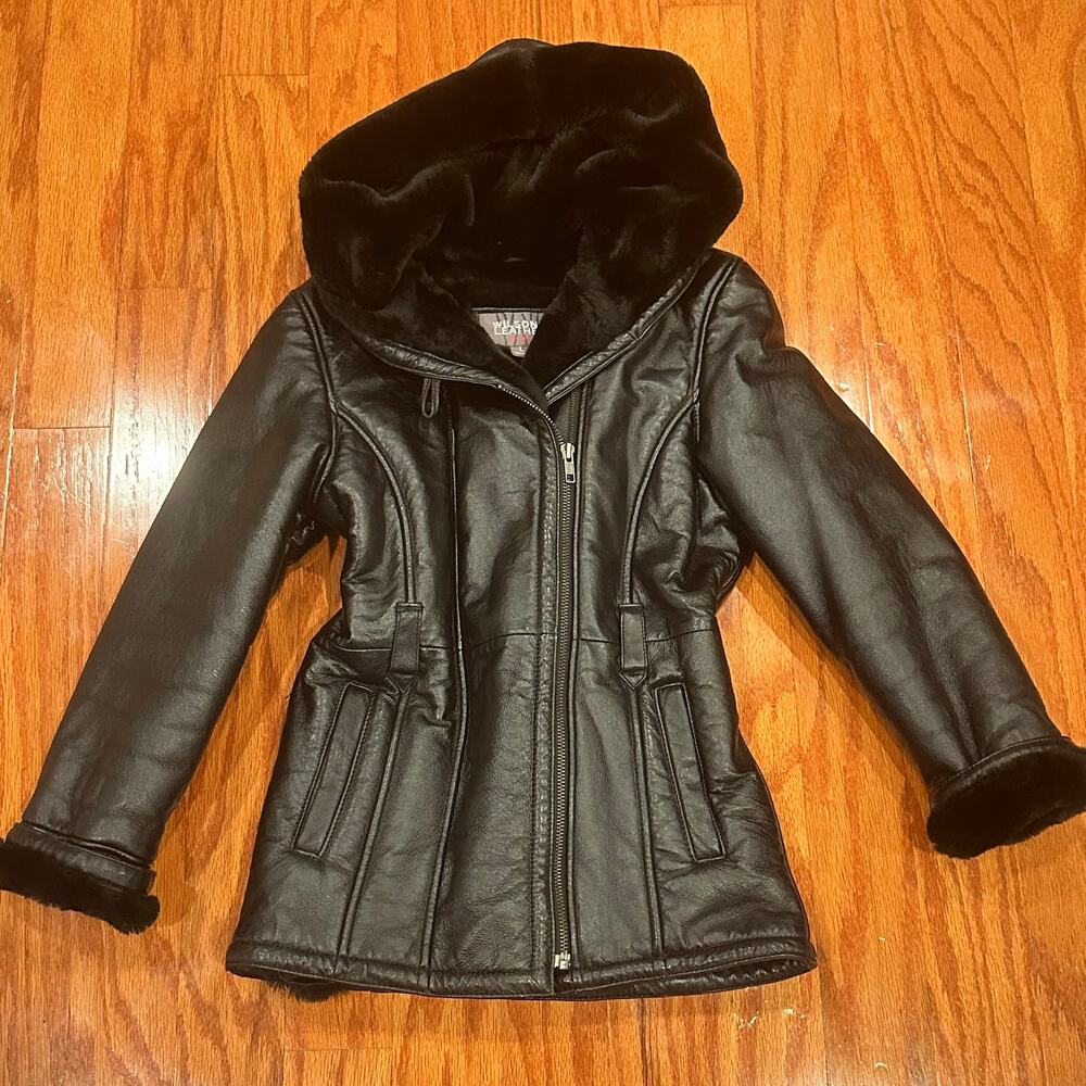 Wilson Kids Black Leather Coat sz L Hooded Leather Coat